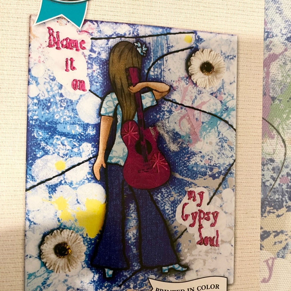 Handmade Mixed Media canvas embroidery kit.– Girl with Pink Guitar